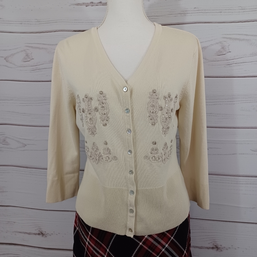 Chic and Versatile Kenar Ivory Cream Beaded Embellished Cardigan Sweater Top